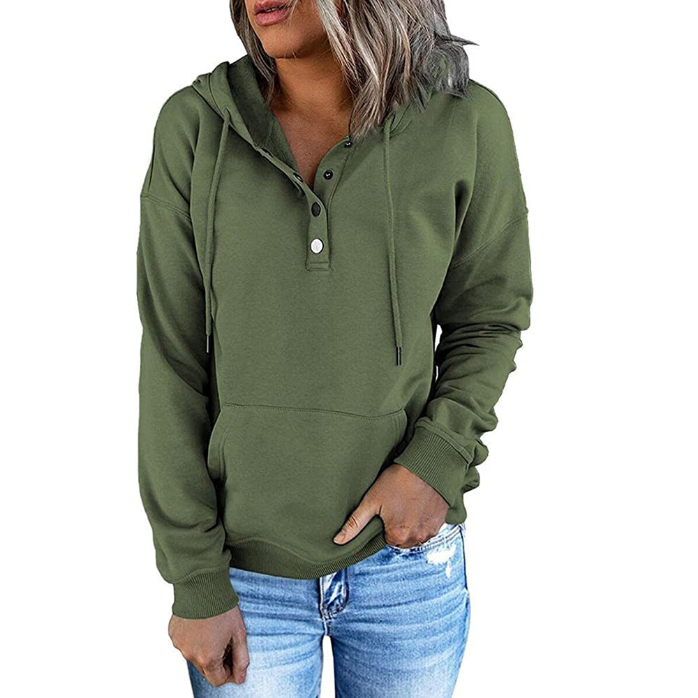 Sweat à capuche pour femmes avec patte de boutonnage Henley, poche kangourou et coupe décontractée Echoarchiv