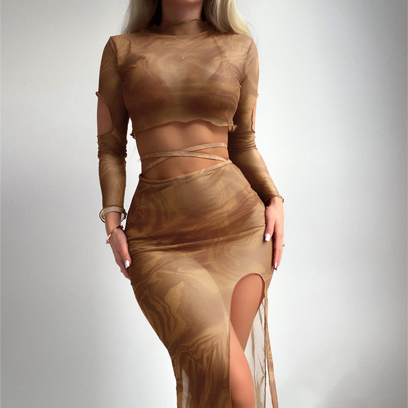 Ensemble élégant et transparent pour femmes avec jupe taille haute R&B