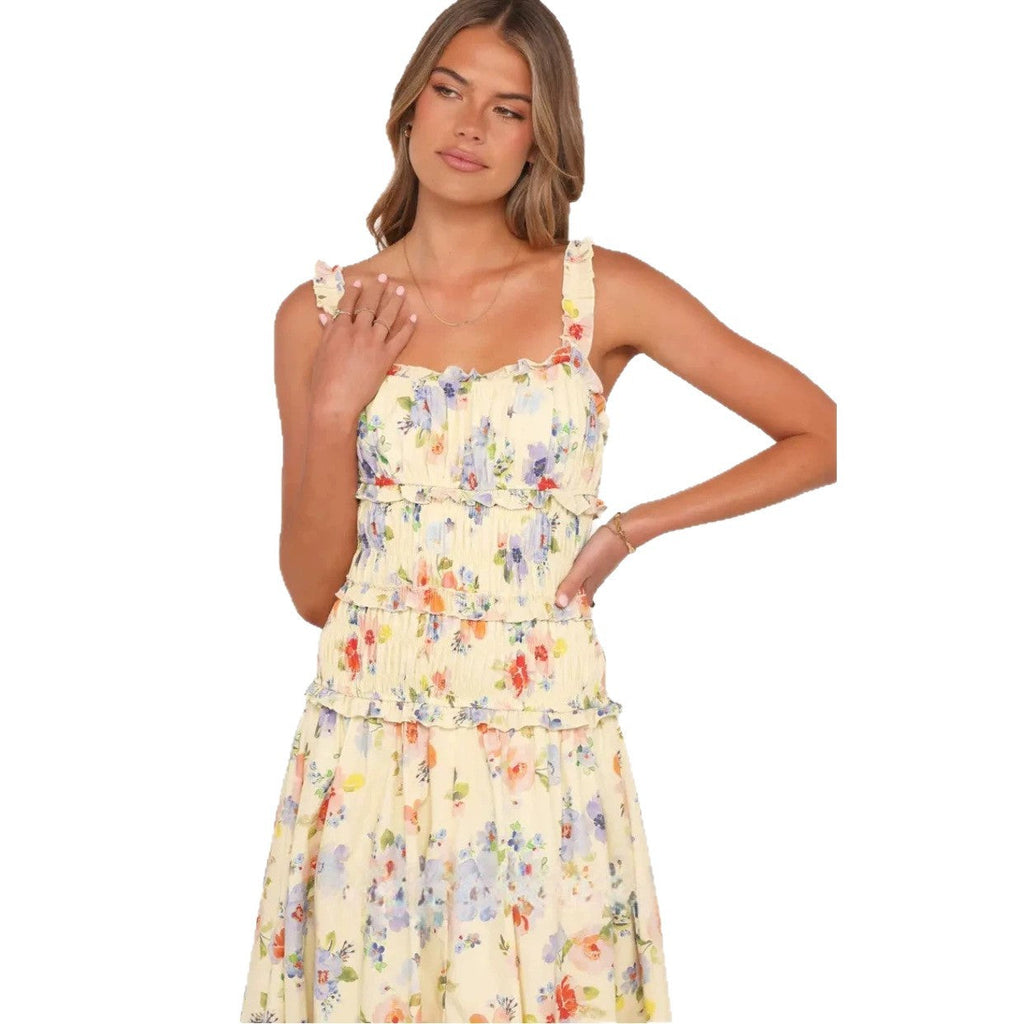 Robe midi à volants légère et aérée pour femmes avec haut froncé et bretelles à volants R&B