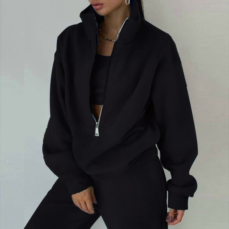 Ensemble de sweat-shirt à demi-zip et pantalon de jogging pour femmes avec col montant, coupe oversize et doux French-Terry Echo Archiv