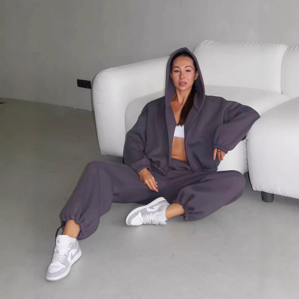 Ensemble de survêtement oversize pour femmes avec bomber à fermeture éclair et pantalon de jogging taille haute
