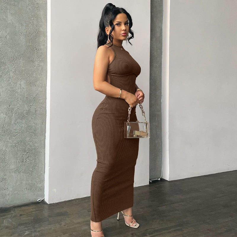 Robe maxi tricotée près du corps pour femmes avec décolleté raffiné et longues bretelles Heidi-Mode