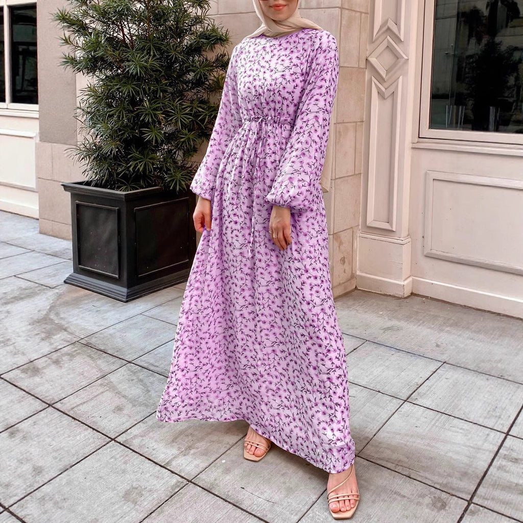 Robe maxi à fleurs pour femmes avec taille à cordon et manches ballon