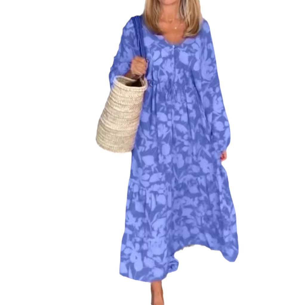 Robe maxi à volants pour femmes avec décolleté en V, taille ajustable et manches ballon R&B