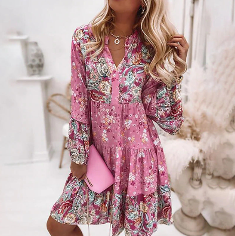 Robe à volants légère pour femmes avec décolleté en V, empiècement froncé et poignets élastiques R&B
