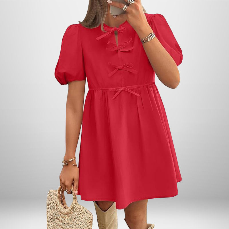 Robe Courte À Manches Bouffantes Et Détails Nœud Pour Femme | Idéale Pour Sorties Et Occasions