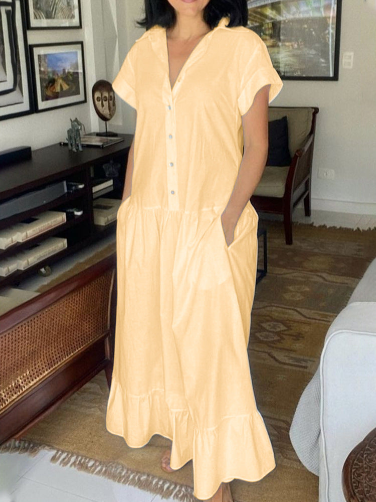 Robe Boutonnée Décontractée pour Femmes avec Poches et Ourlet Volant R&B