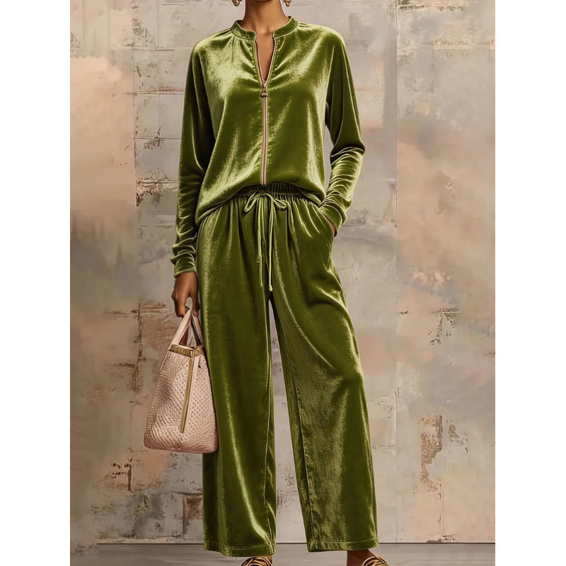 Ensemble lounge en velours pour femmes avec col montant, demi-fermeture éclair et pantalon palazzo large Echoarchiv