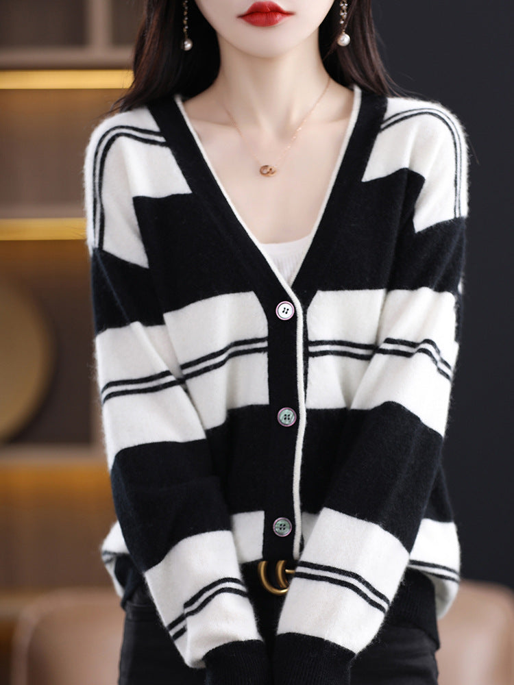Cardigan midi pour femmes avec rayures, décolleté en V et manches longues