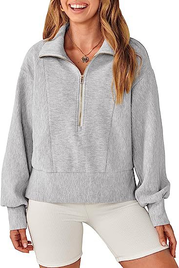 Pull Sweatshirt Femme à Col Zippé Demi Relax avec Bord-Côtes et Manches Echoarchiv