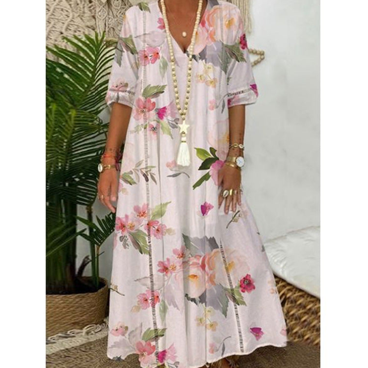 Robe mi-longue kaftan fluide pour femmes avec décolleté en V, bandes ajourées et qualité légère en mélange de lin R&B