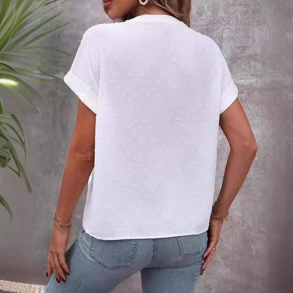 Blouse à boutons sur le devant à encolure en V pour femmes avec pois Dobby et manches courtes retroussables R&B