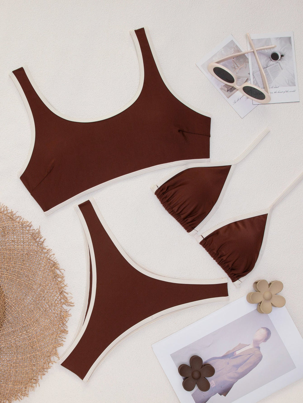 Ensemble bikini triangle pour femmes avec liens ajustables et accents contrastants R&B