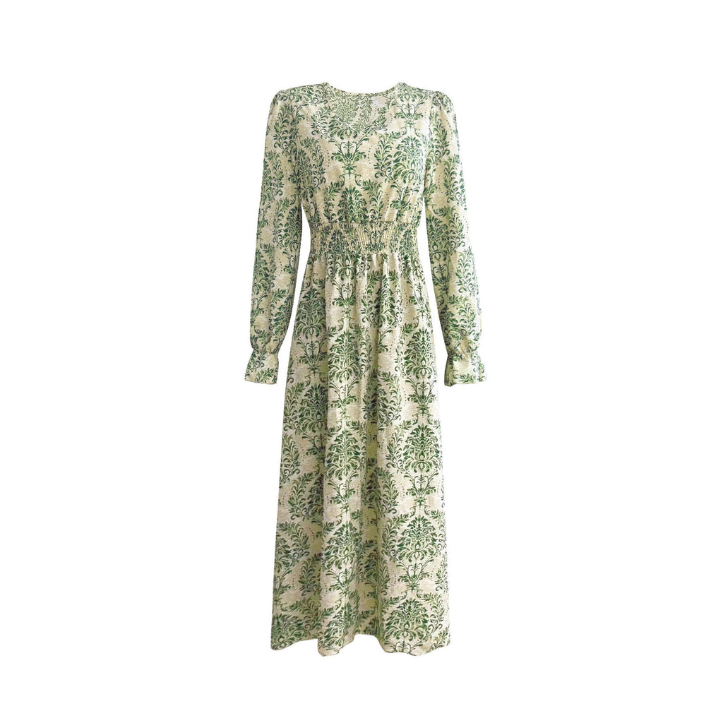 Robe maxi fluide pour femmes avec taille smockée froncée, manches trompette et imprimé ornemental Echoarchiv