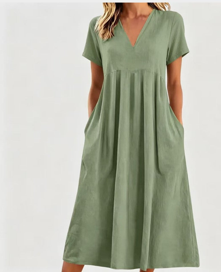 Robe midi à décolleté en V pour femmes avec poches et couture empire froncée R&B