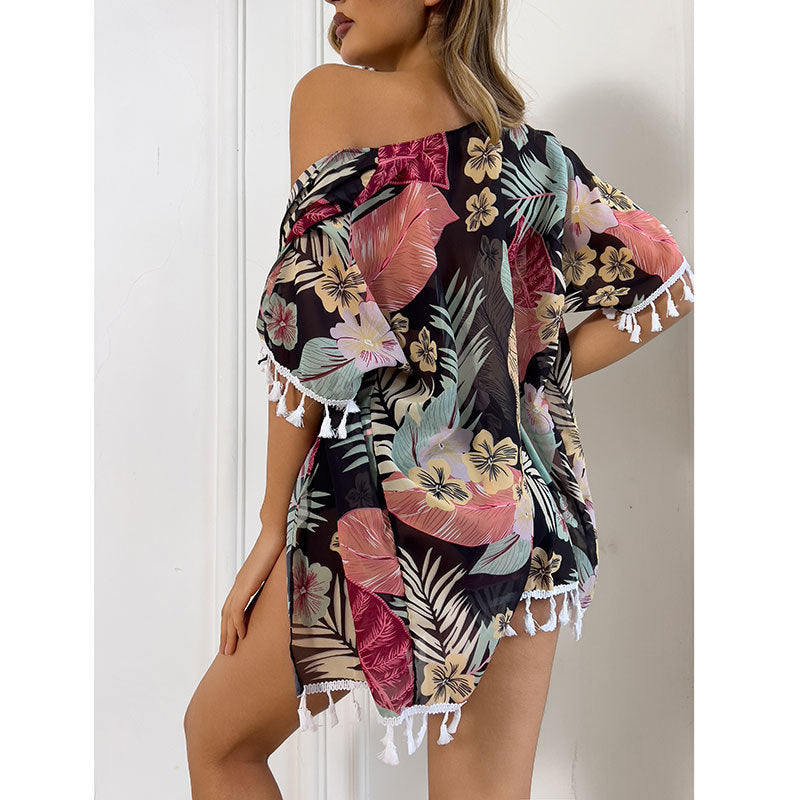 Veste de plage imprimée florale pour femmes avec finition à franges et bikini assorti Echo Archiv