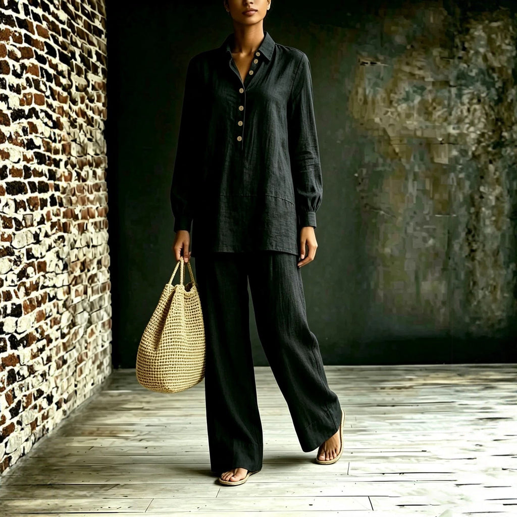 Ensemble tunique-pantalon pour femmes en aspect lin avec col chemise et coupe ample Echoarchiv