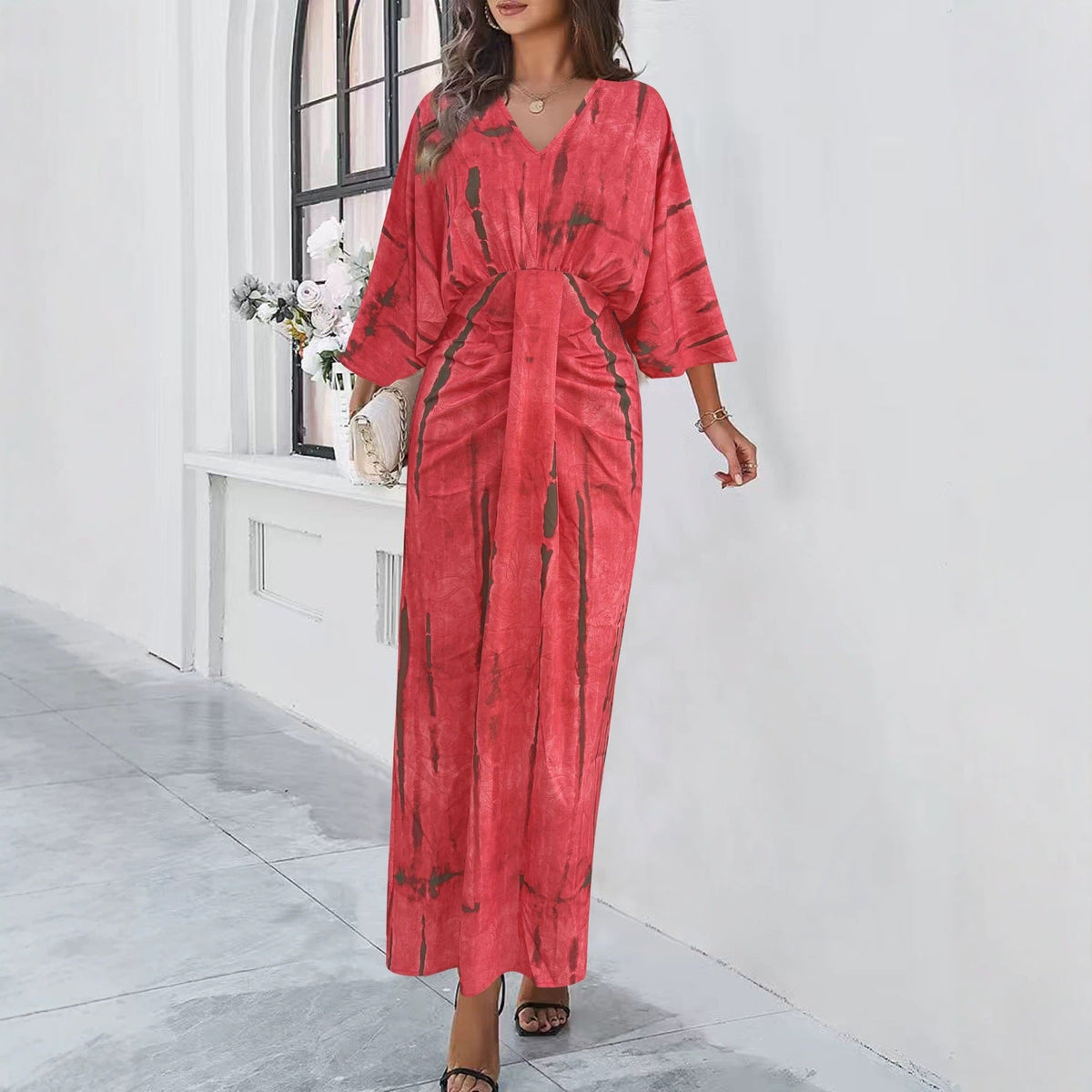 Robe maxi fluide pour femmes avec décolleté en V, effet enveloppant et ceinture décorative Echoarchiv