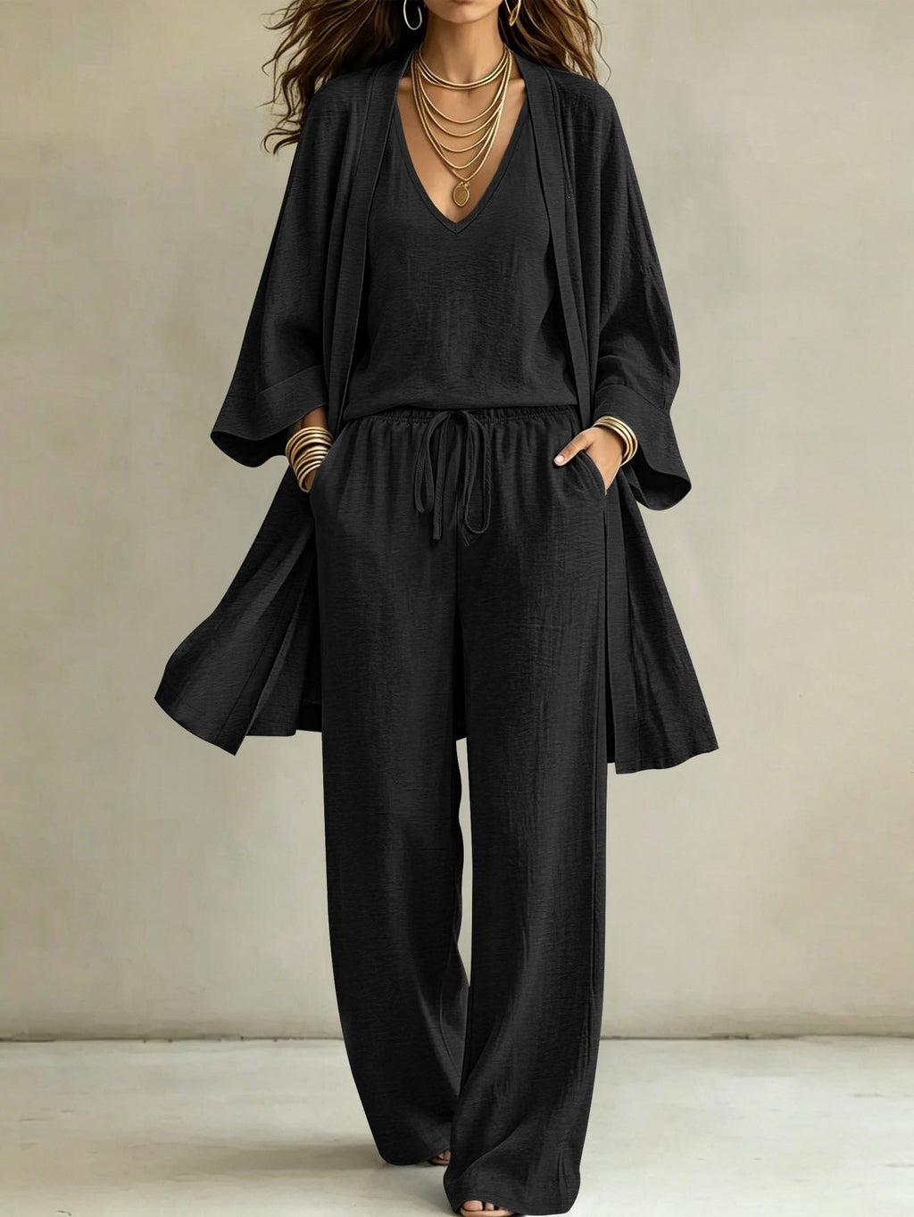 Ensemble de détente décontracté pour femmes avec cardigan kimono, t-shirt à col en V et pantalon large Echoarchiv