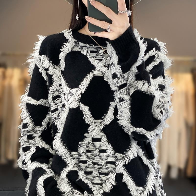 Pull oversized pour femmes avec col rond et franges