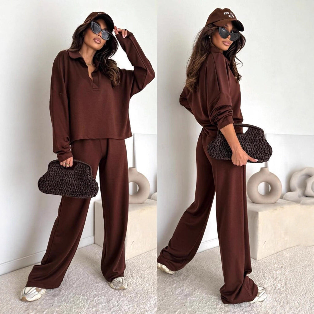 Ensemble de loungewear pour femmes avec col chemise - Sweatshirt court et pantalon palazzo large Echo Archiv