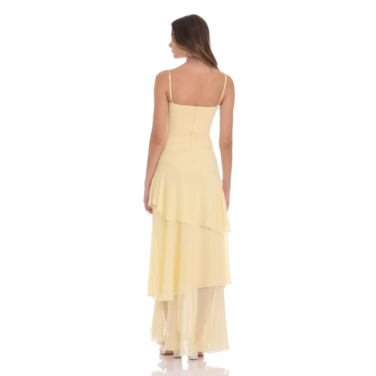 Robe maxi à volants pour femmes avec décolleté en cœur et fines bretelles spaghetti R&B