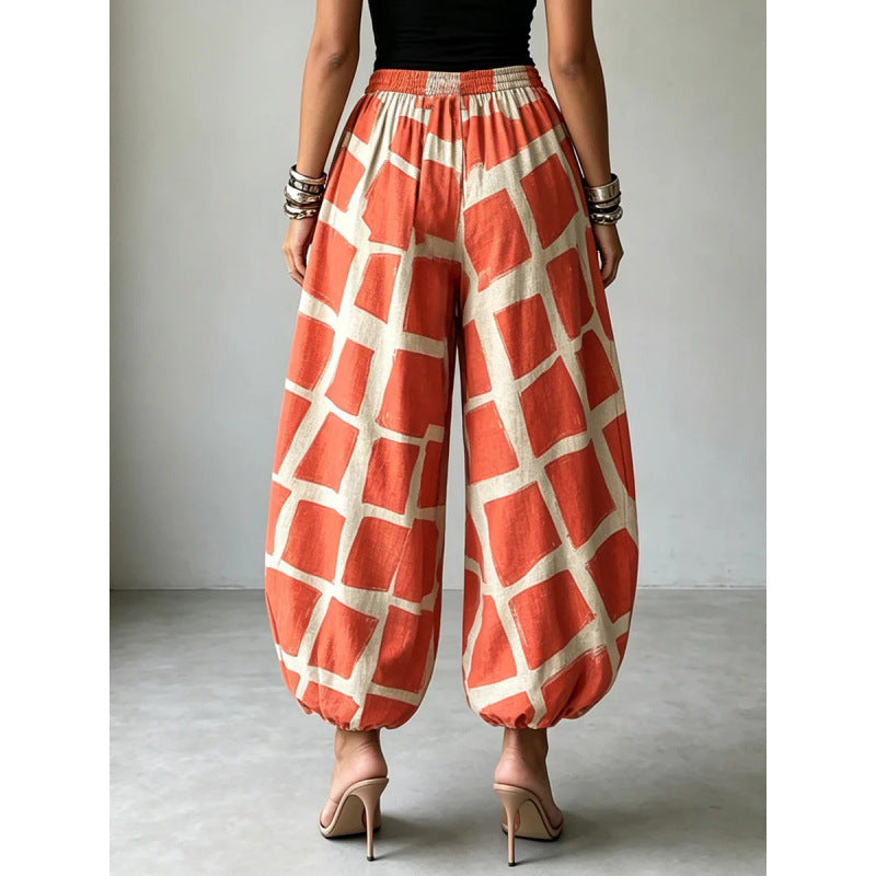 Pantalon Harem Femme Large en Style Ballon avec Taille Élastique et Motif Graphique Echoarchiv