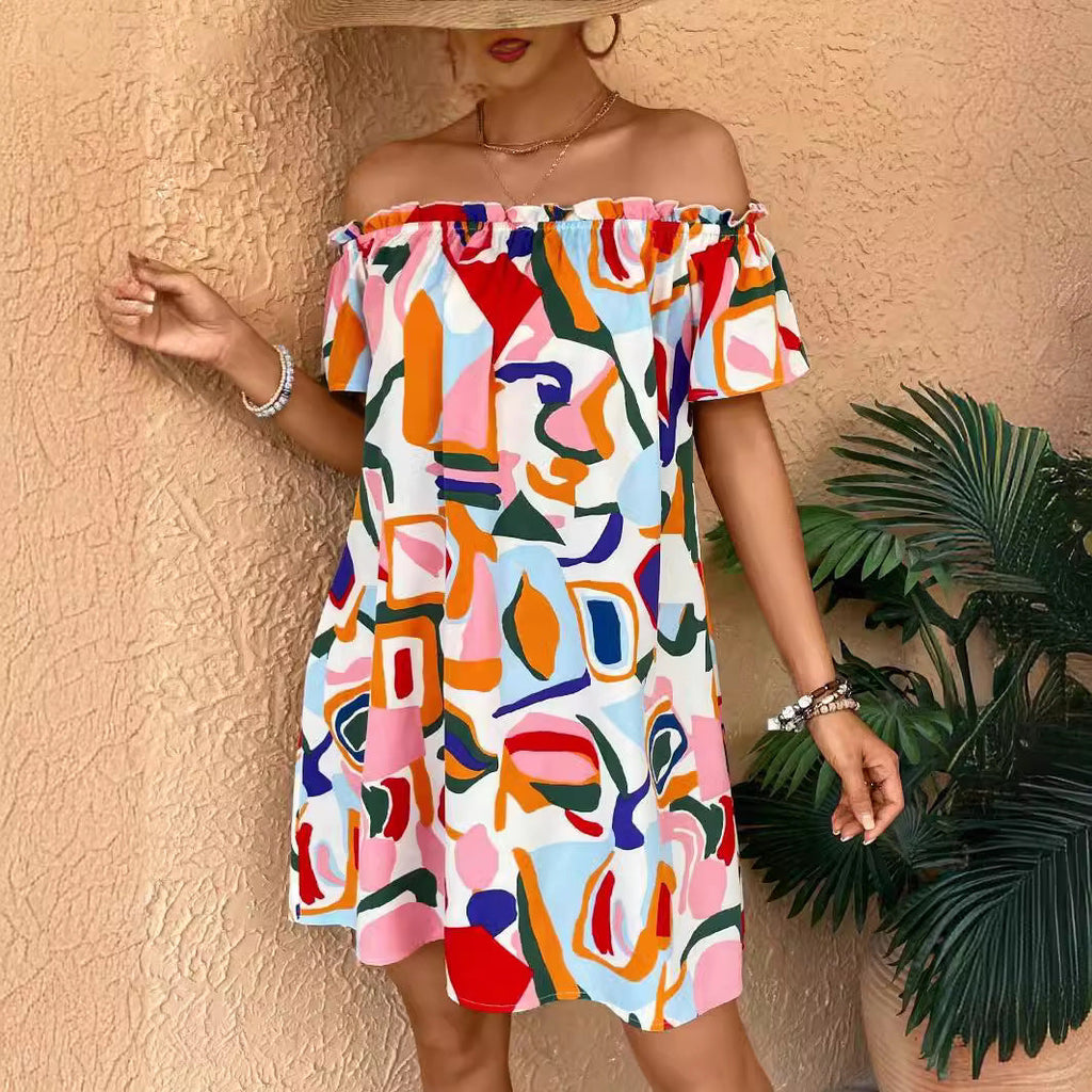 Robe mini A-line sans manches avec col élastique froncé et manches volantées R&B