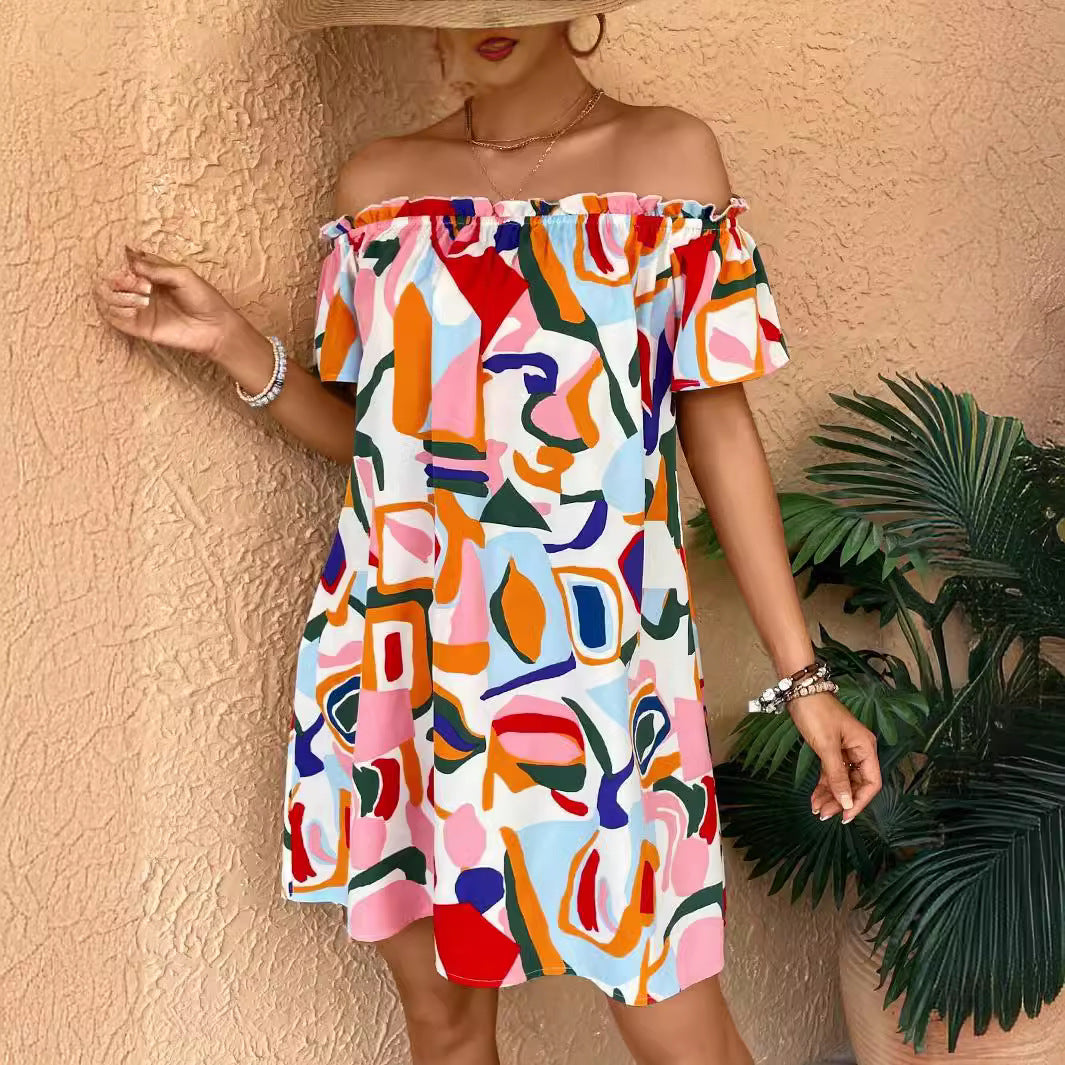 Robe mini A-line sans manches avec col élastique froncé et manches volantées R&B