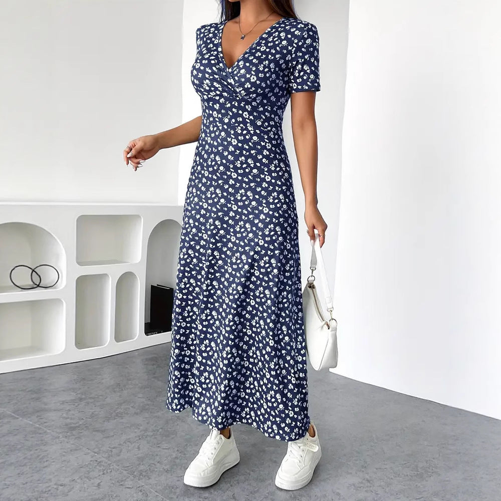 Robe midi en jersey cintrée pour femme avec haut croisé, manches courtes et jupe évasée R&B