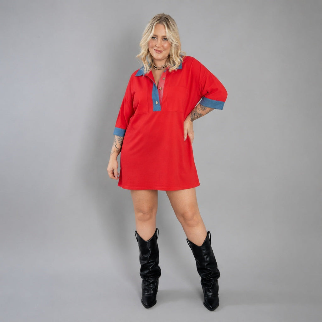 Tunique polo oversize pour femmes avec col contrasté et poches poitrine plaquées