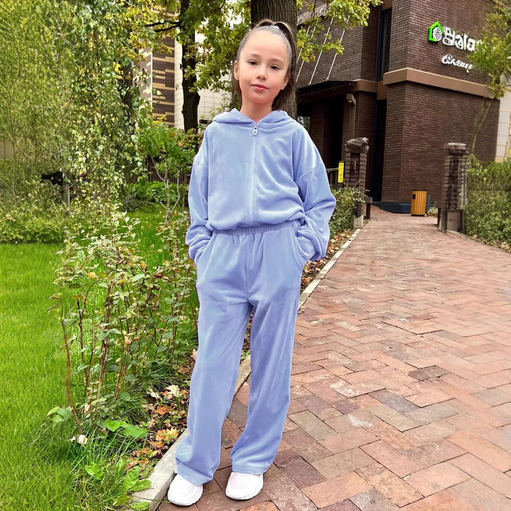 Ensemble de jogging à capuche en velours pour femmes avec fermeture éclair intégrale, ceinture élastique à cordon et jambe droite