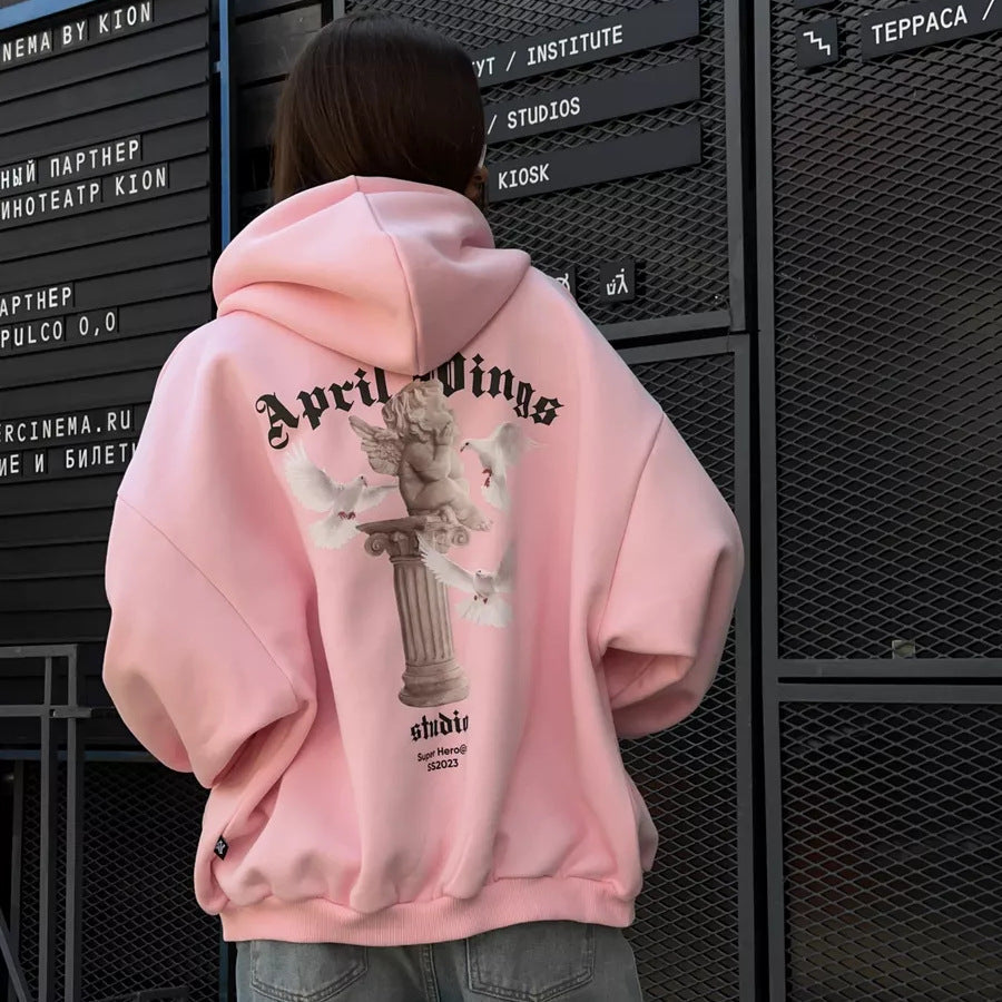 Sweat à capuche oversized pour femmes avec impression d'ange et impression artistique au dos