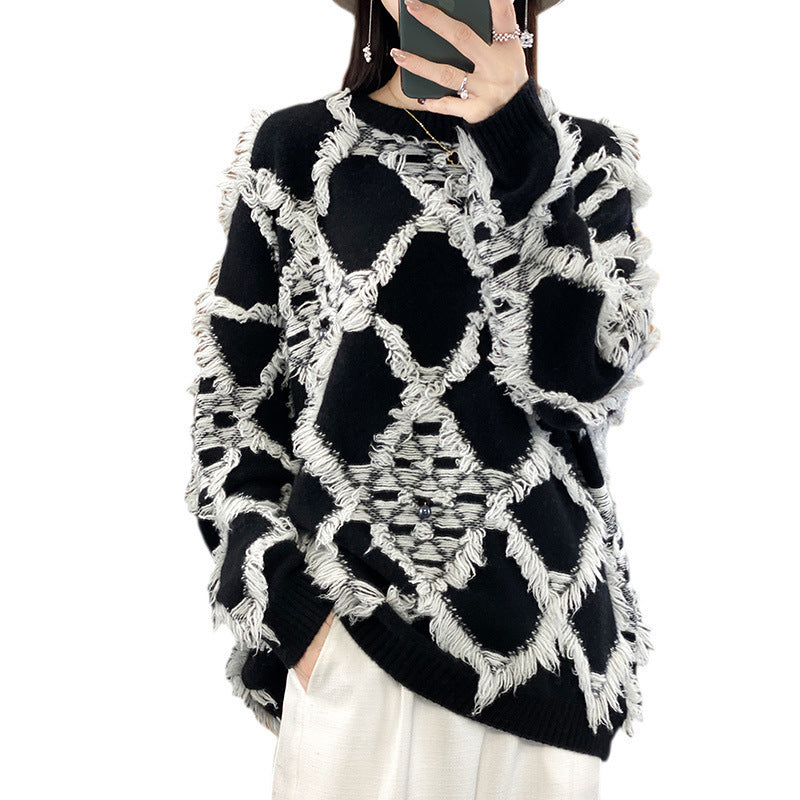Pull oversized pour femmes avec col rond et franges