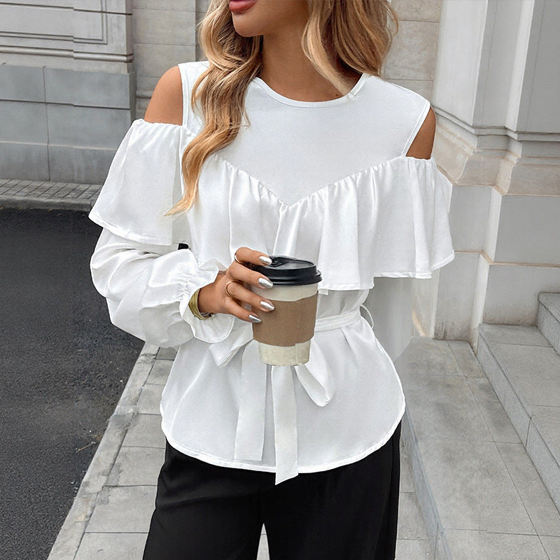 Blouse Élégante à Volants pour Femmes avec Épaules Dégagées et Ceinture à Nouer Echoarchiv