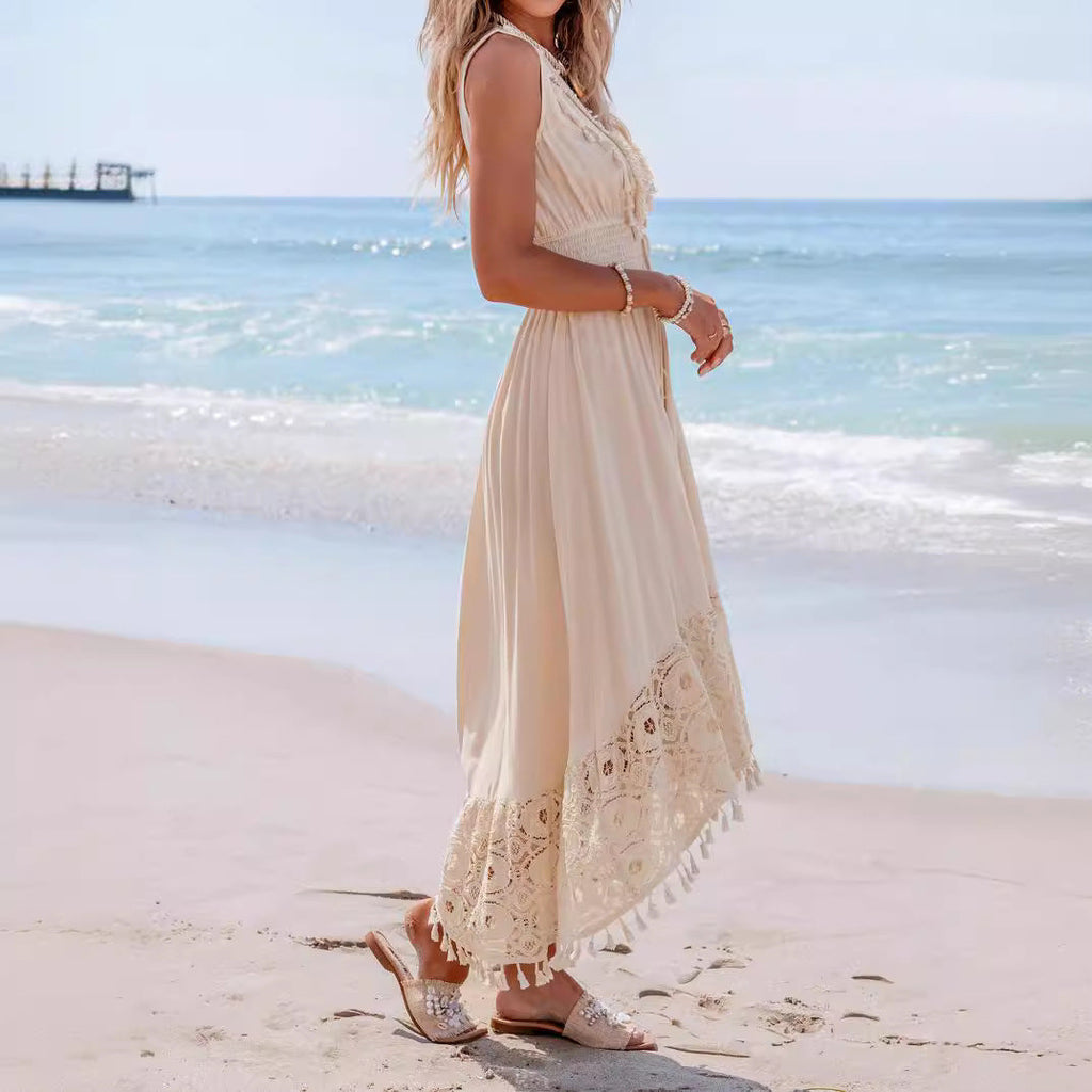 Robe maxi bohémienne pour femmes avec détails en dentelle et volants R&B
