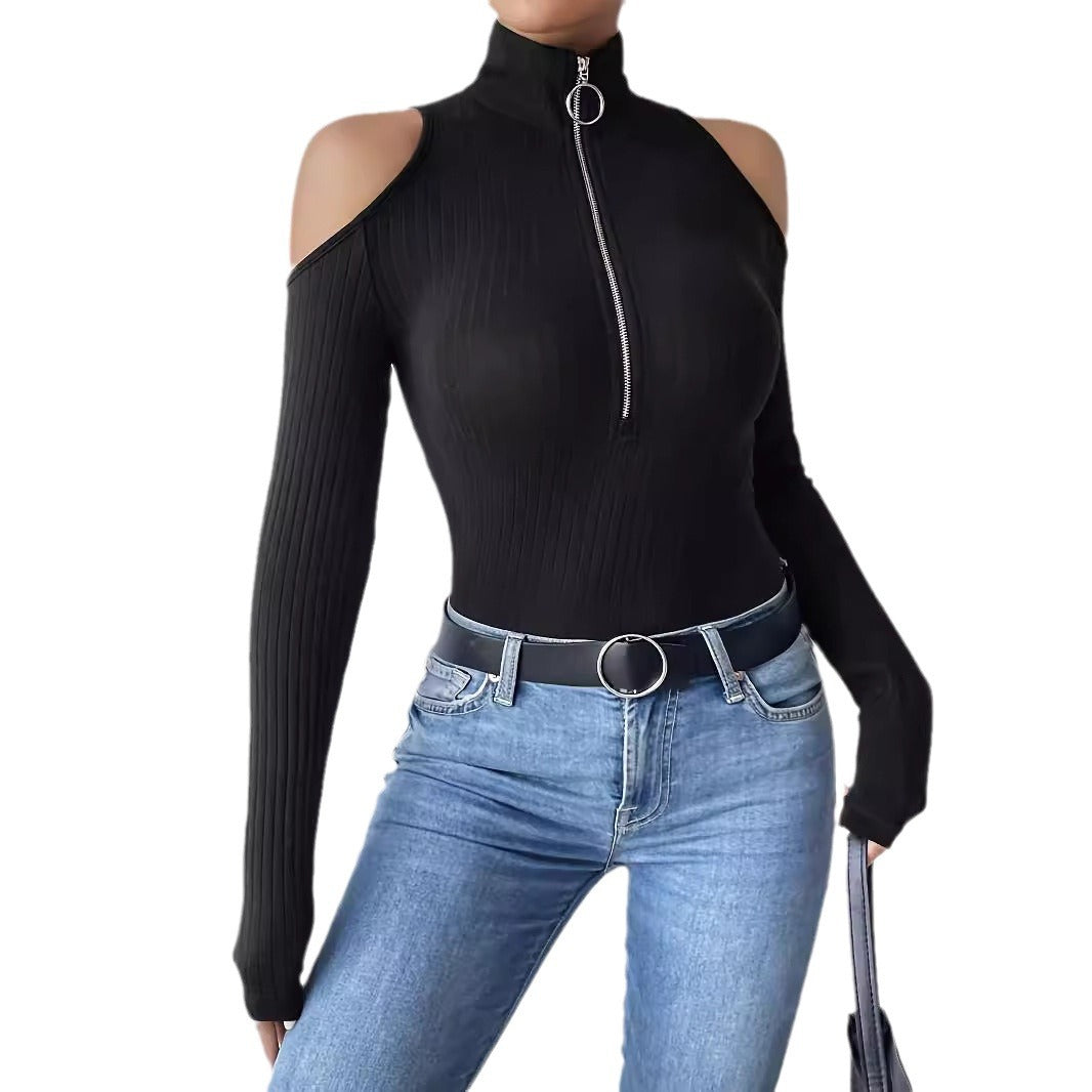 Top en tricot côtelé ajusté pour femmes avec décolleté épaule, col montant et fermeture éclair à anneau R&B