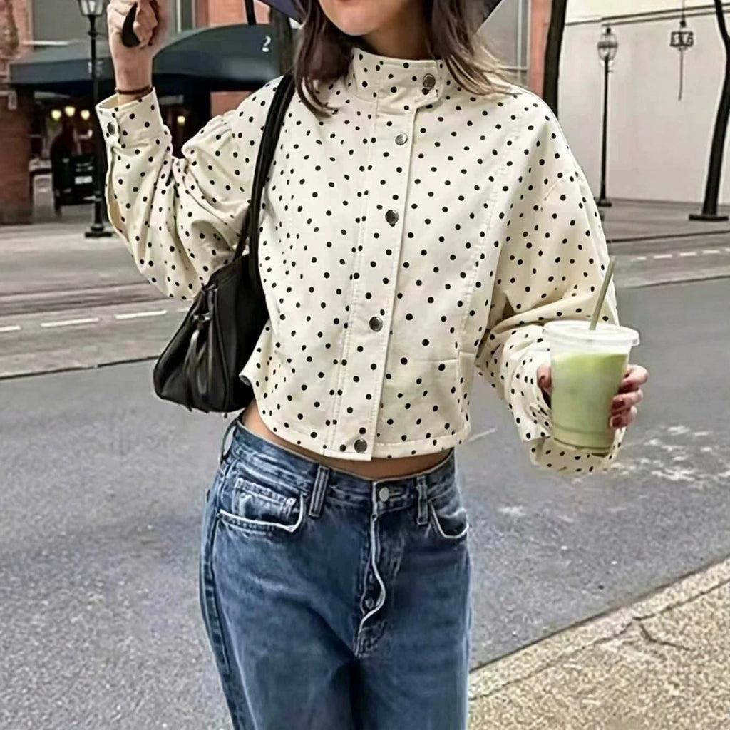 Veste Femme à Pois Croppée avec Col Montant, Manches Bouffantes et Boutons-pression