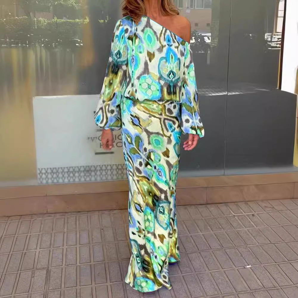 Robe maxi femme à épaule asymétrique, en satin fluide et manches cloche