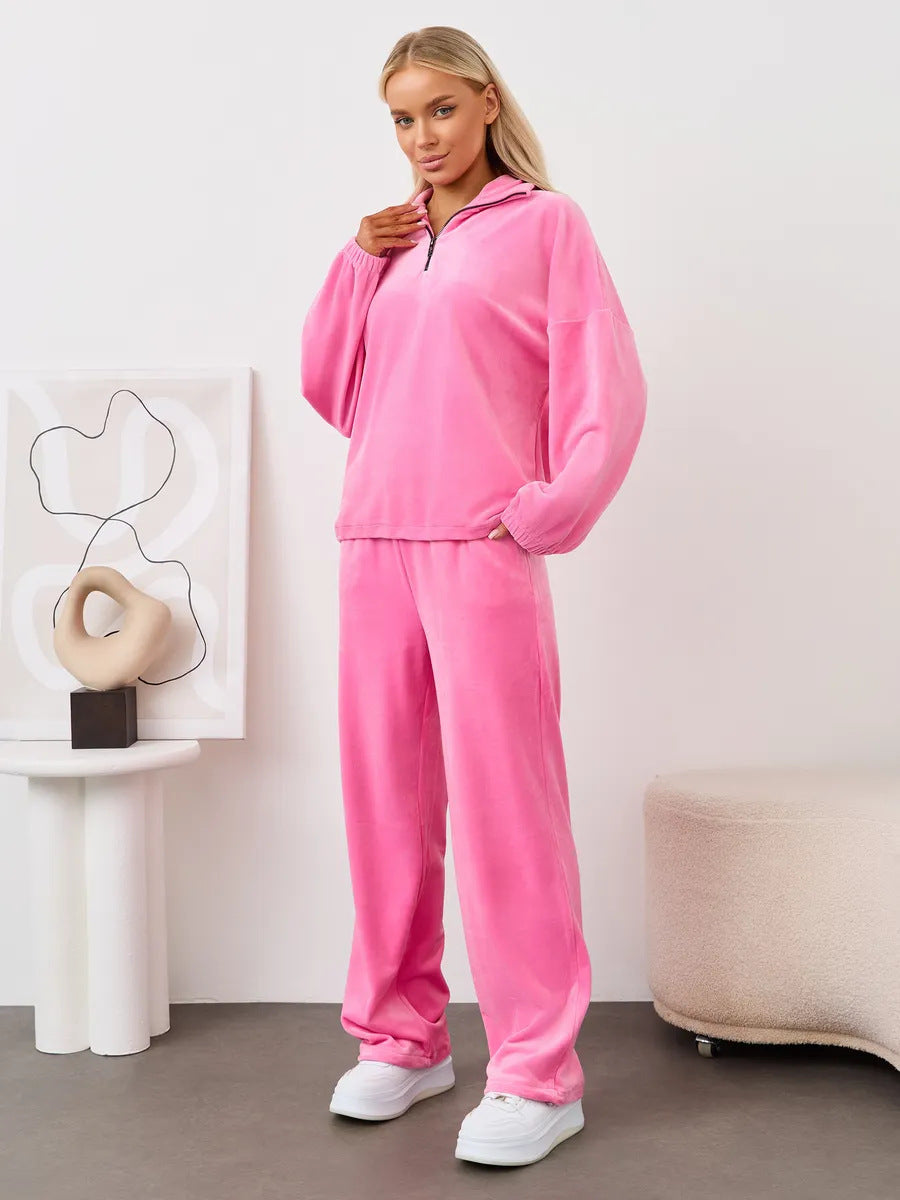 Ensemble de lounge en velours deux pièces pour femmes avec capuche et pantalon à taille élastique