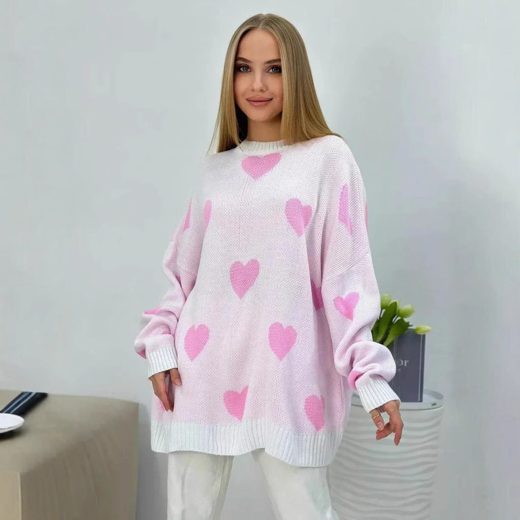 Pull en tricot oversize pour femmes avec motif en cœur, bords côtelés et silhouette ample Echoarchiv