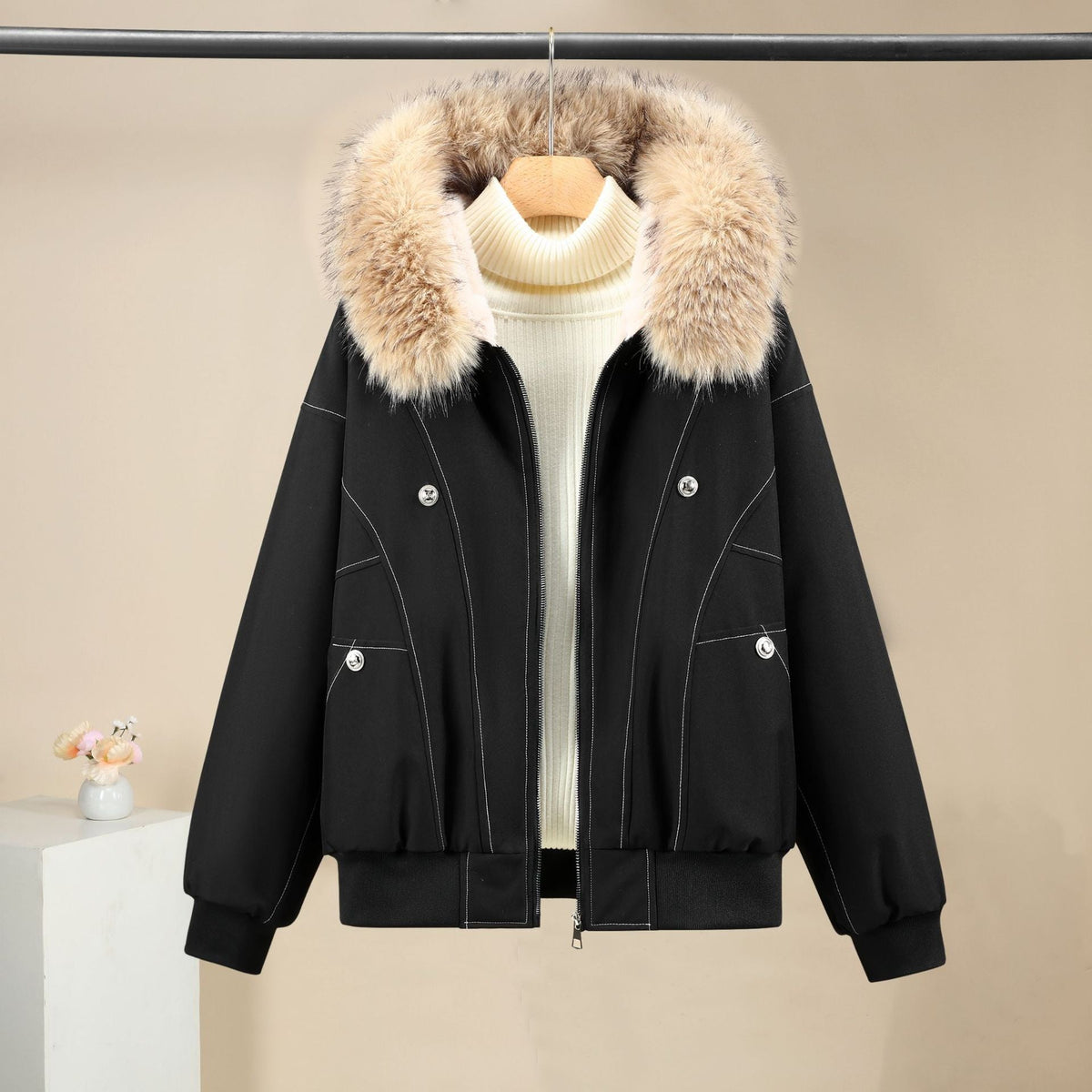 Veste bomber thermique pour femmes, courte, avec col en fausse fourrure amovible, col montant et bords côtelés Echo Archiv