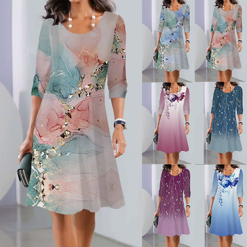 Robe A-ligne pour femmes avec imprimé floral, décolleté en U, manches trois-quarts et doux dégradé Ombre Echoarchiv