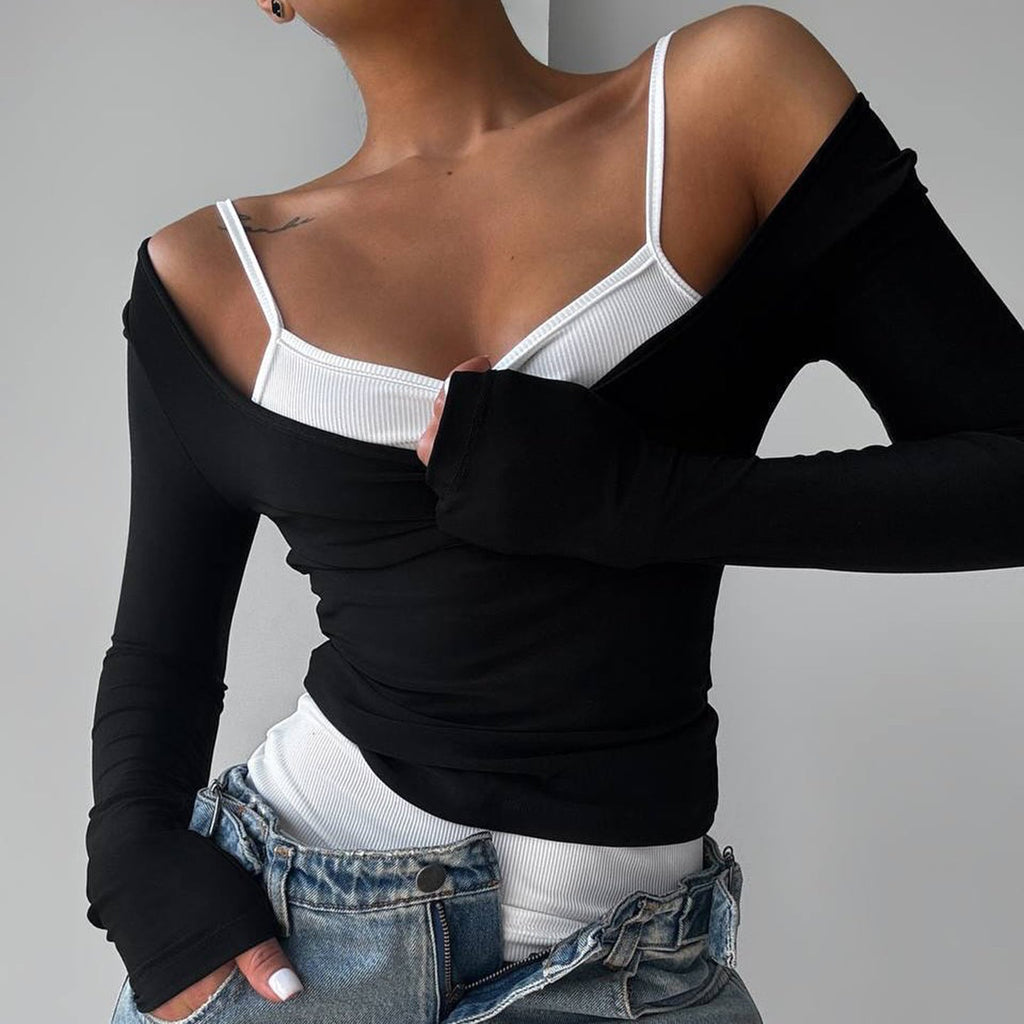 Top cropped à manches longues ajusté pour femmes avec décolleté carré et bretelles spaghetti doubles Echo Archiv