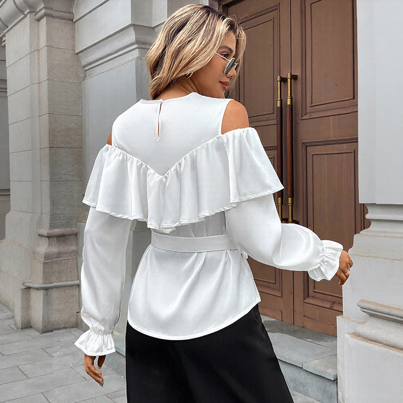 Blouse Élégante à Volants pour Femmes avec Épaules Dégagées et Ceinture à Nouer Echoarchiv