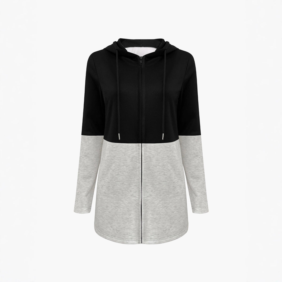 Veste à capuche pour femmes avec colorblock, fermeture éclair et silhouette longue décontractée Echoarchiv