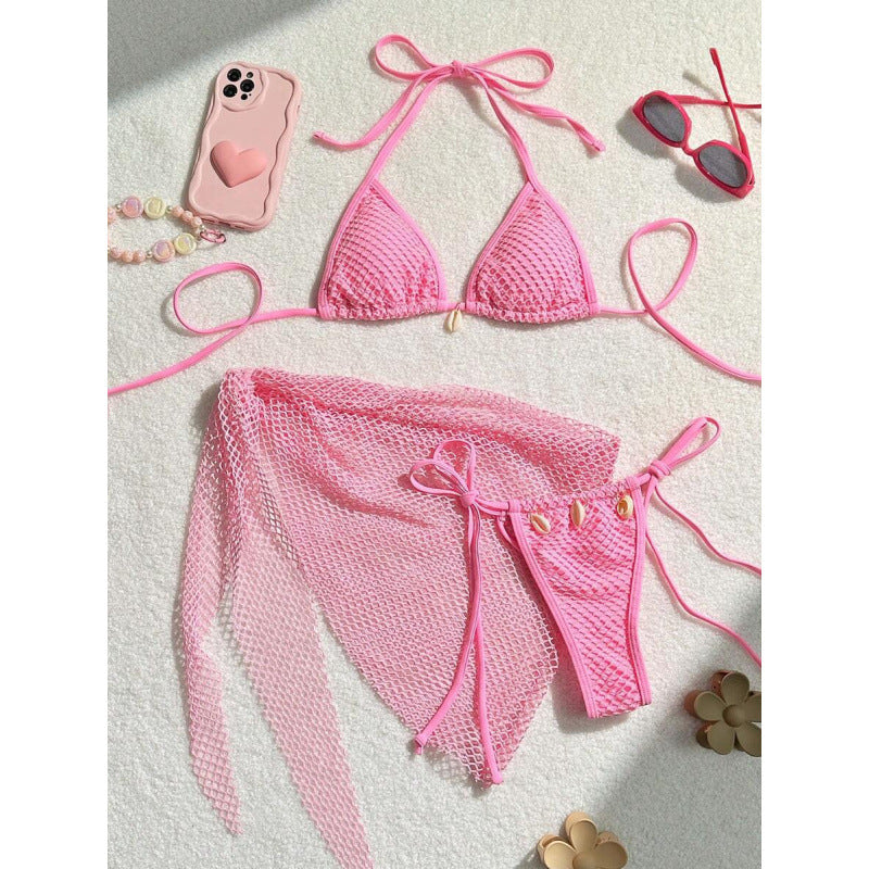 Ensemble de bikini en filet pour femmes avec nœuds à la mode et détails en coquillage R&B