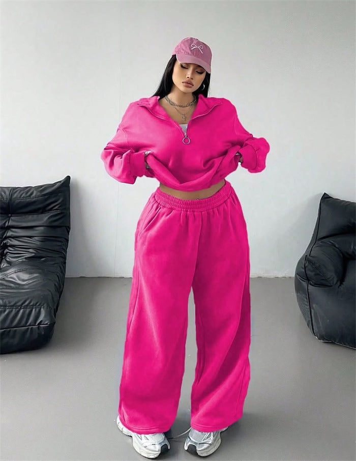 Sweat à capuche zippé cropped en velours pour femmes et pantalon jogging palazzo taille haute large Echo Archiv
