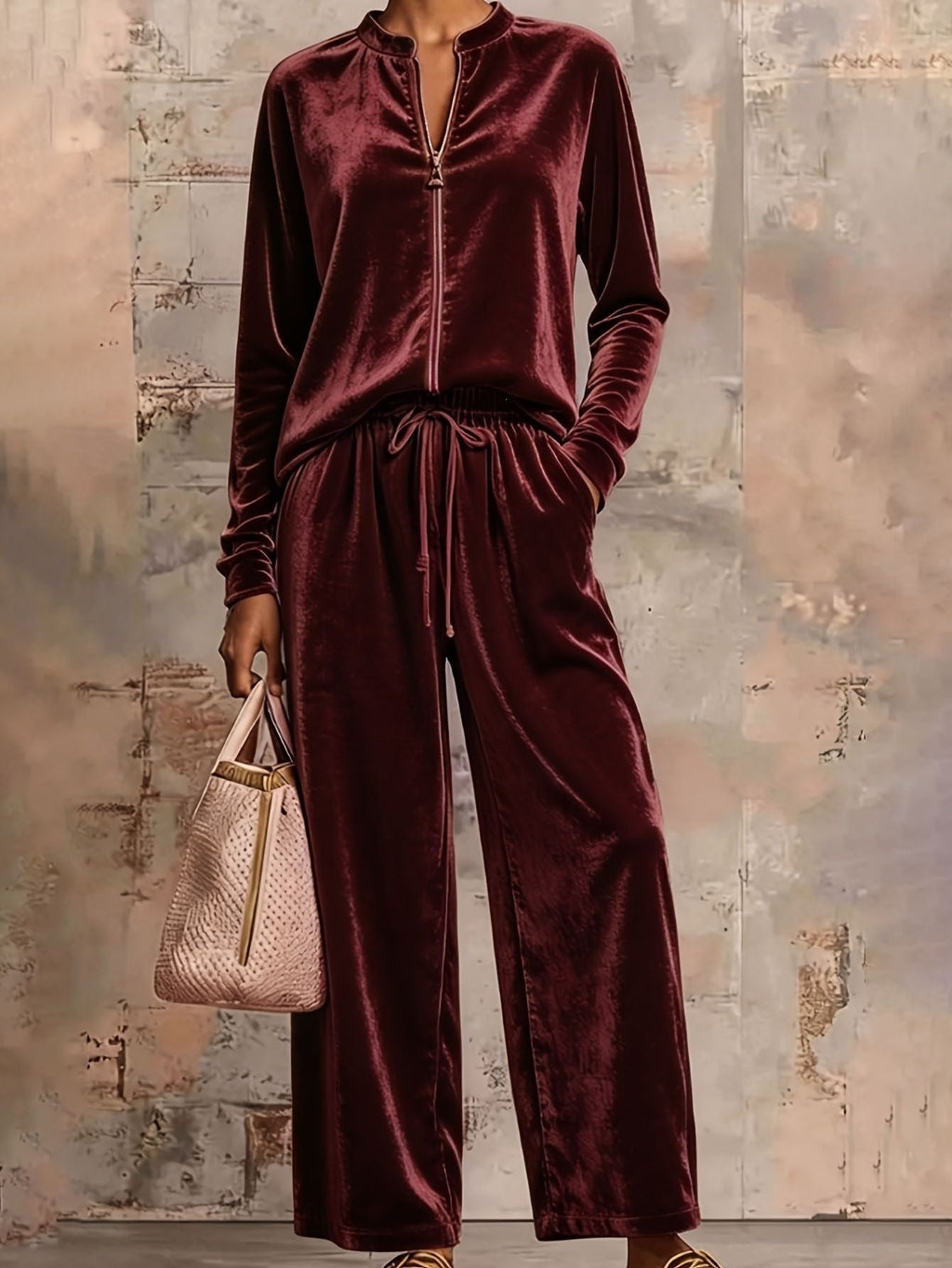 Ensemble lounge en velours pour femmes avec col montant, haut zippé et pantalon à cordon Echo Archiv