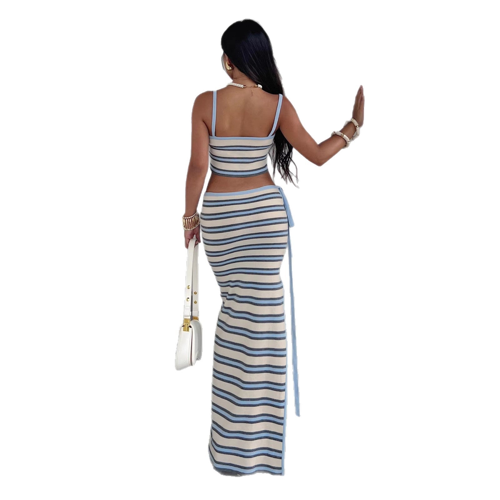 Jupe longue rayée pour femmes avec taille haute et ceinture à nouer R&B